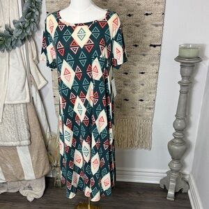 NWT LuLaRoe Carly Geometric Patterned Midi Dress in Green and Red size L